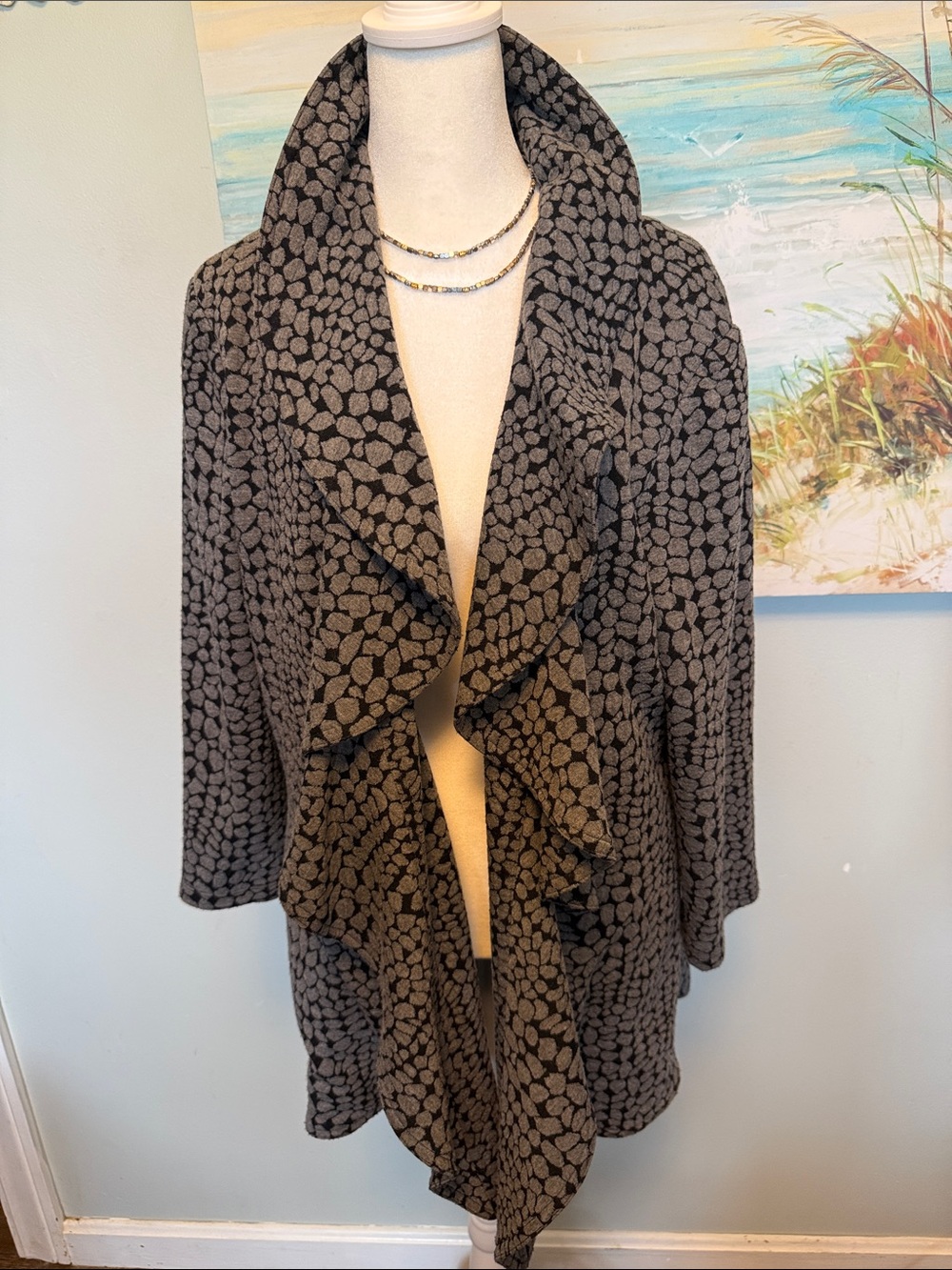 Calvin Klein Black and Gray Ruffle-Front Cardigan